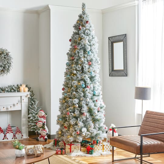 9ft. Pre-Lit Flocked Pine Pencil Artificial Christmas Tree, Warm White LED Lights